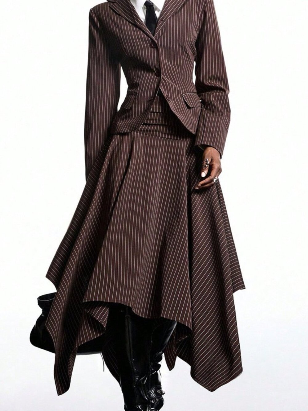 Rust Brown Elegant Women's Stripe Waist-Cinched Blazer Skirt Suit Set - Picture 7 of 7